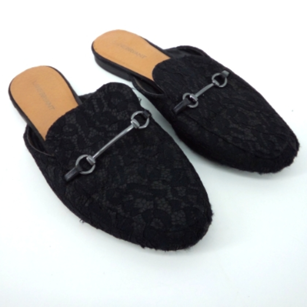 Lane Bryant Lace Black Mules Slides Gunmetal Hardware Flats 9W